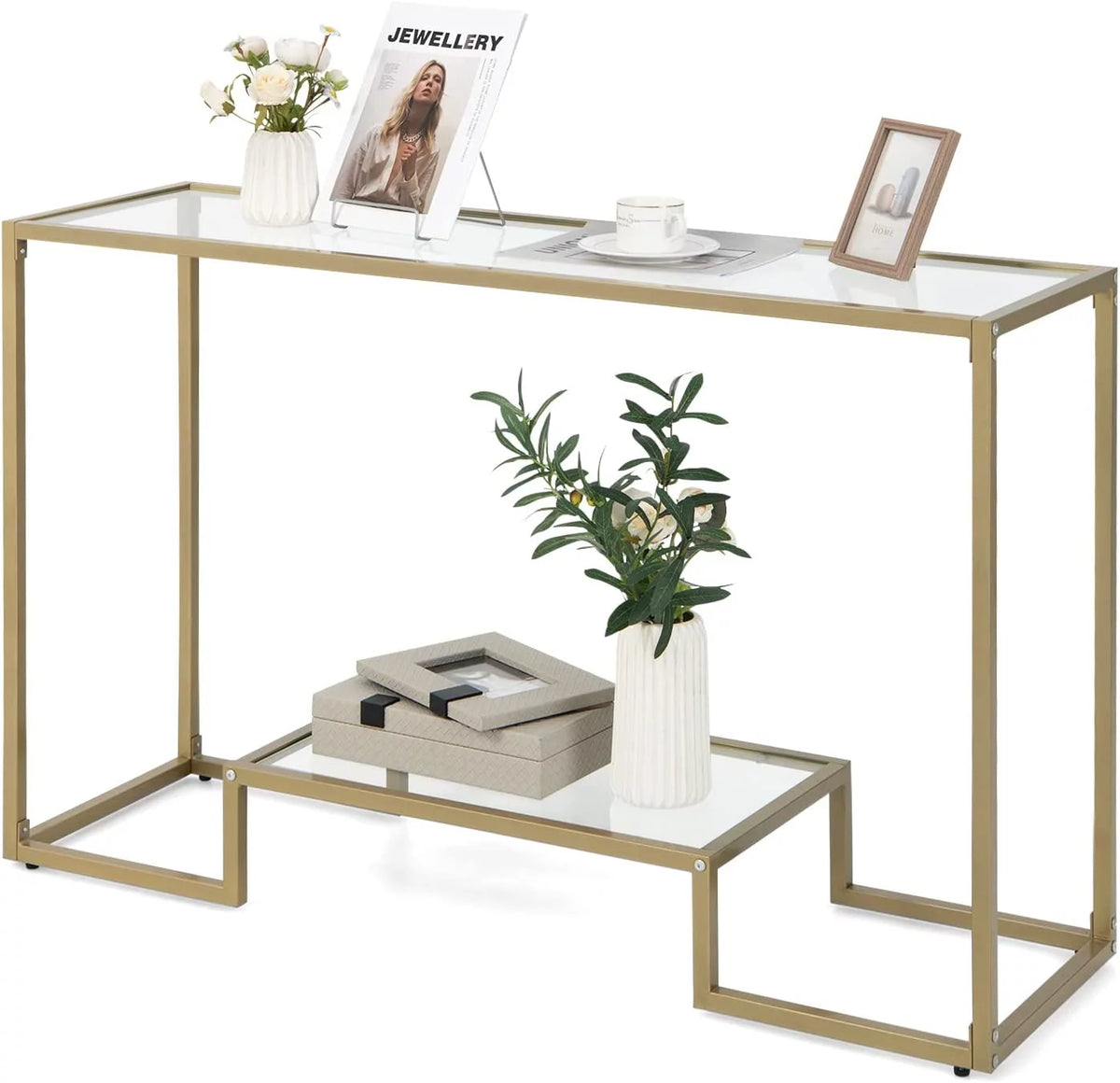 48” 2-Tier Console Table with Tempered Glass Tabletop & Golden Metal Frame X383