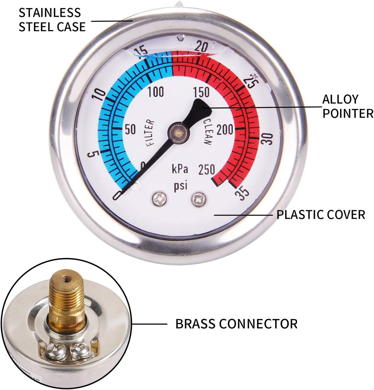 2 Dial Glycerine Filled Pool Filter Pressure Gauge S11119