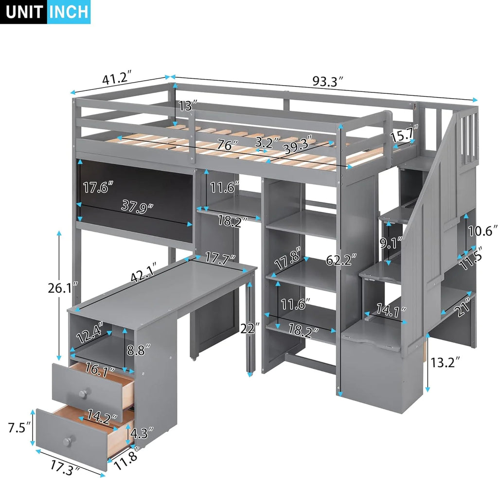 Grey Wood Loft Bed Frame with Desk Shelves Stairs J59632