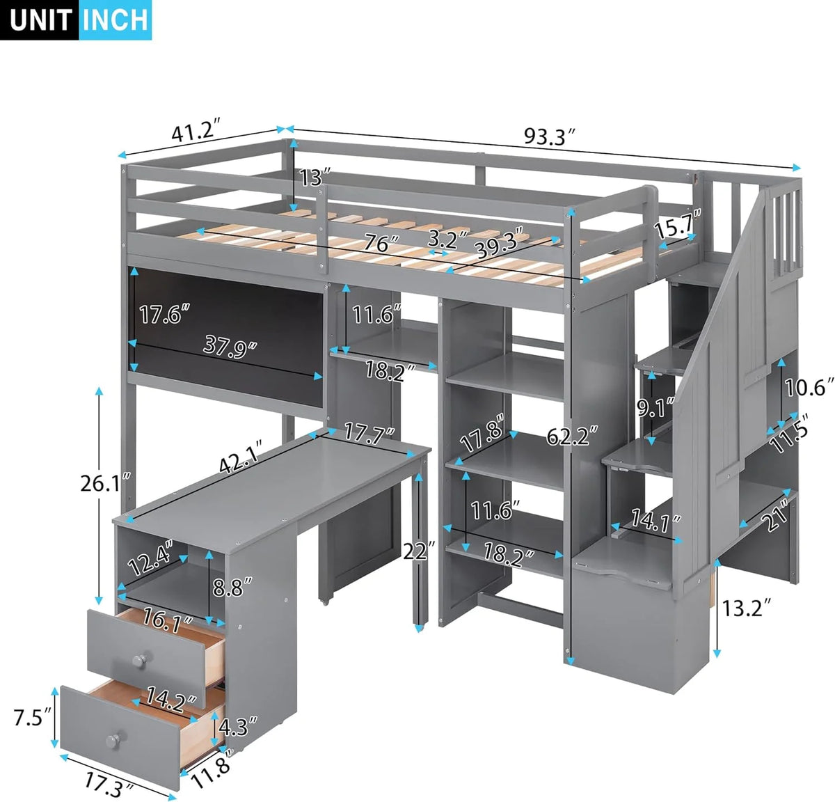 Grey Wood Loft Bed Frame with Desk Shelves Stairs J59632