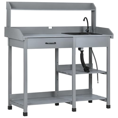 Wooden Potting Bench Table with Sink and Drawer C3863