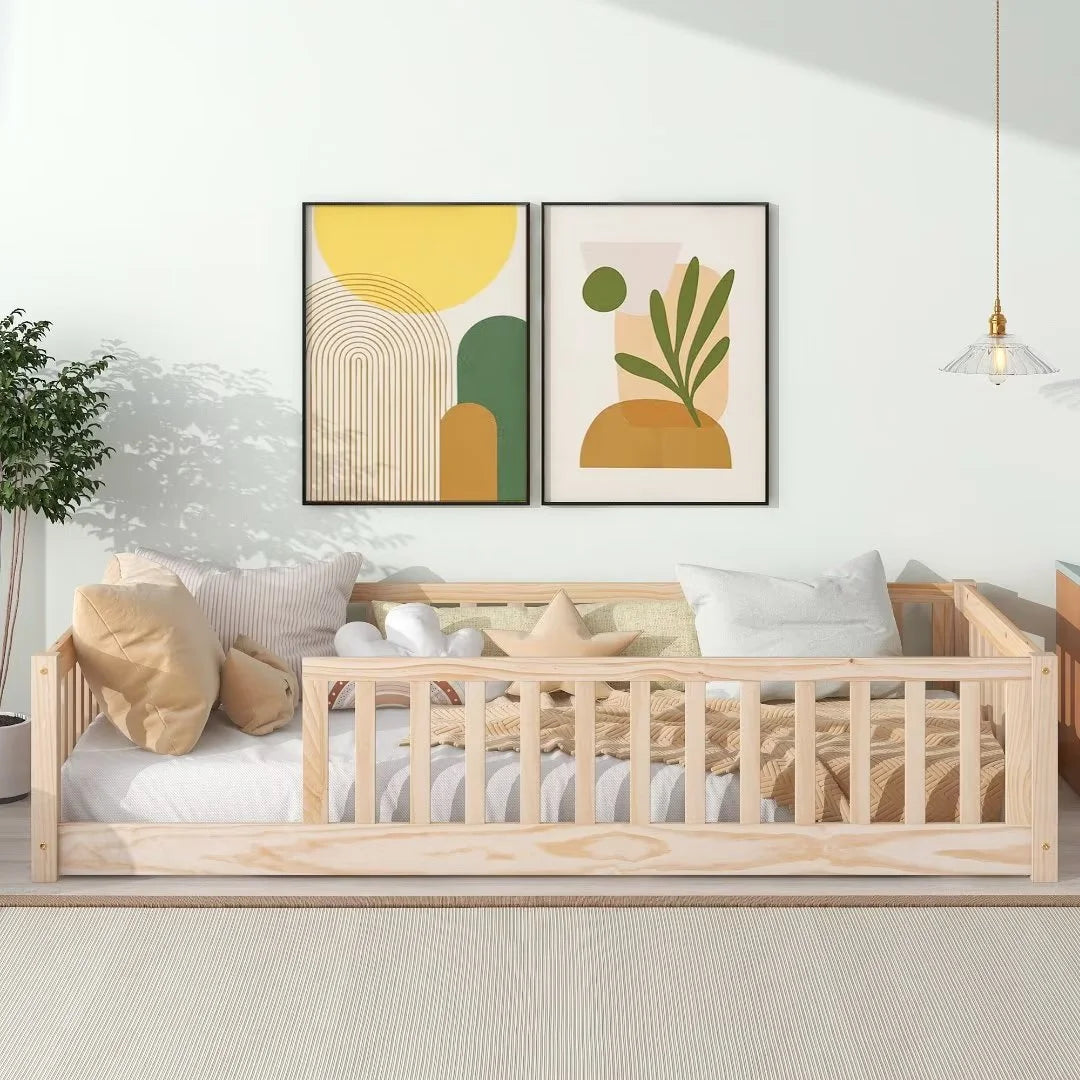 White Full Size Floor Bed with Fence Guardrails and Roof L95619