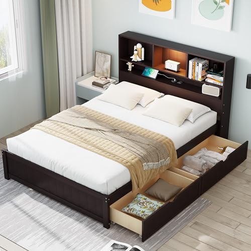 White Wood Twin Bed Frame with Bookcase Headboard and Storage Drawers Q14835