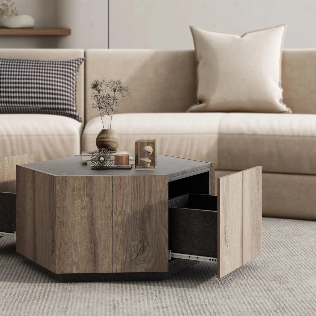 Hexagonal Coffee Table with 2 Drawers, Textured Black Warm Oak G8604