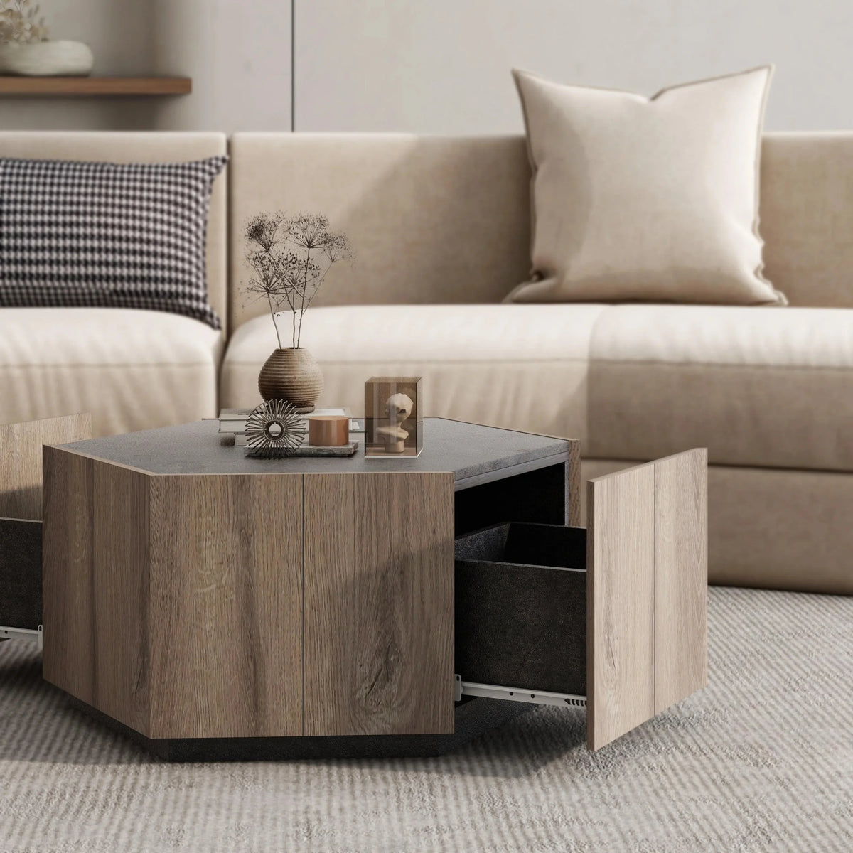 Hexagonal Coffee Table with 2 Drawers, Textured Black Warm Oak G8604