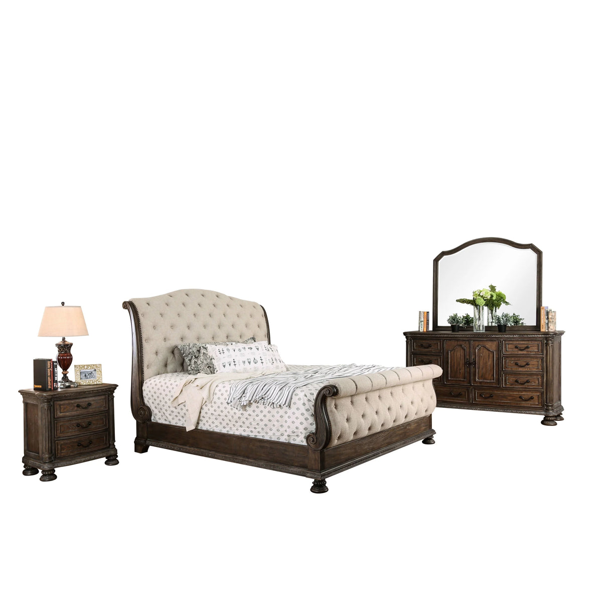 Brown Fabric Tufted 4-Piece California King Bedroom Set A352