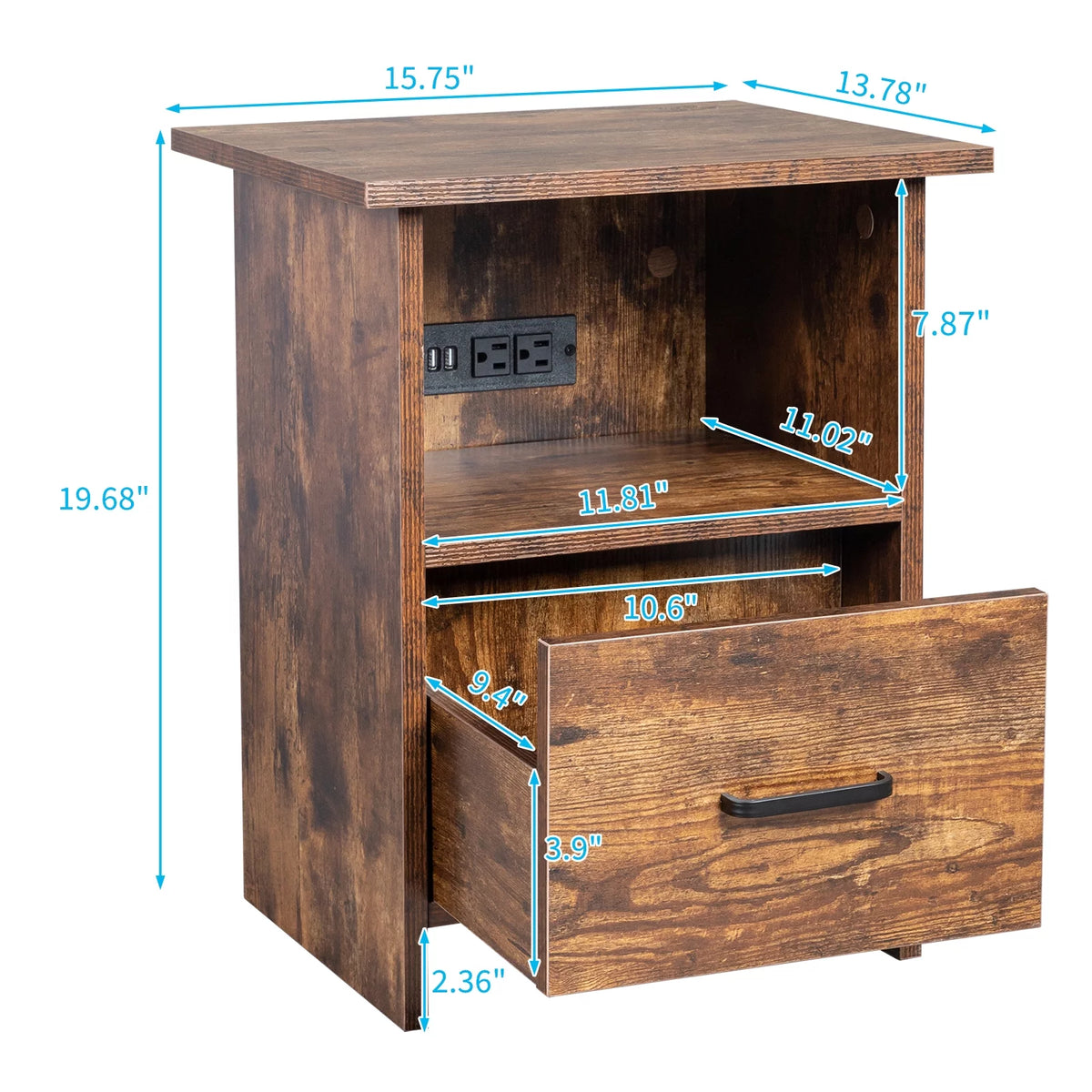 Vintage Nightstand with Charging Station, Industrial Bedside Cabinet D376