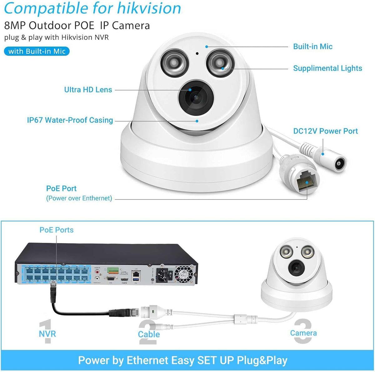 4K 8MP Outdoor PoE IP Turret Camera with Mic, 2.8mm Lens, IP67 F7370