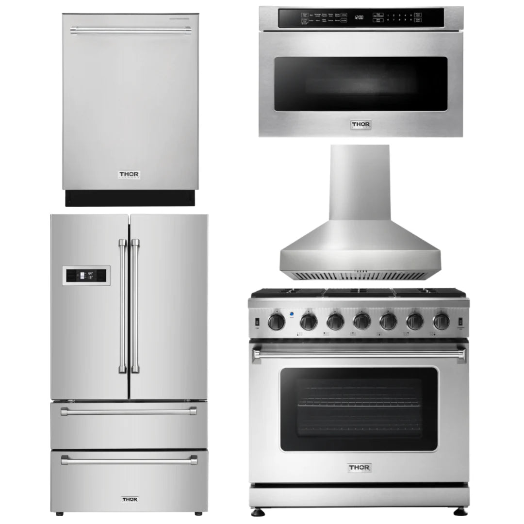 36 Inch Gas Range, Range Hood, Microwave, Refrigerator, Dishwasher F68049