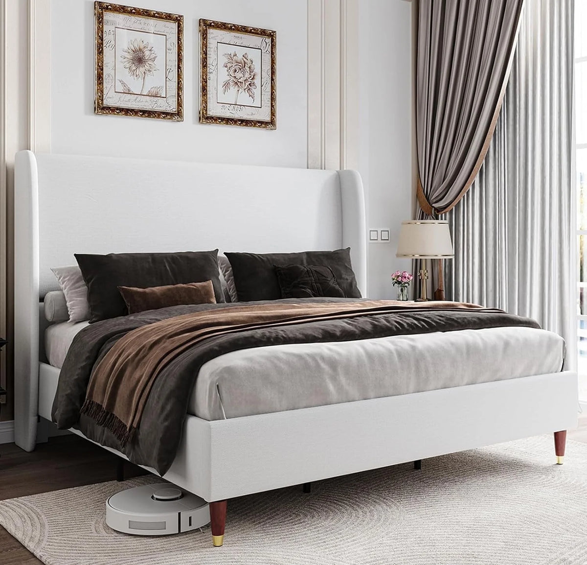 King Size White Linen Upholstered Platform Bed with Wingback Headboard Z402