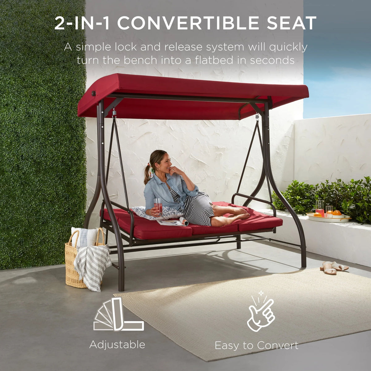 3-Seat Outdoor Converting Canopy Swing Glider Hammock with Removable Cushions A9431