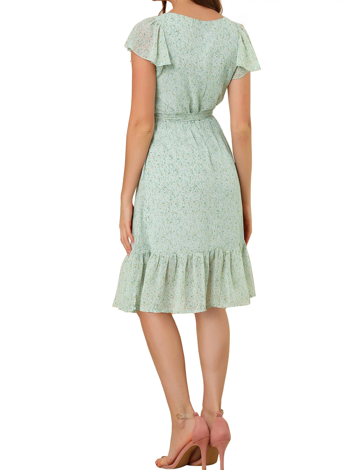 Floral Print Flutter Sleeves Square Neck Ruffled Hem Dress P622117
