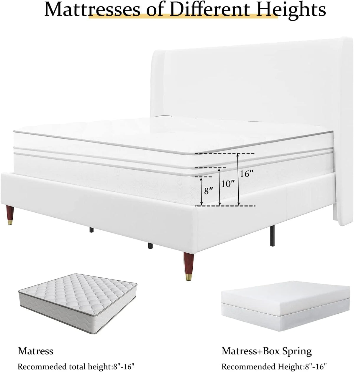 King Size White Linen Upholstered Platform Bed with Wingback Headboard Z402