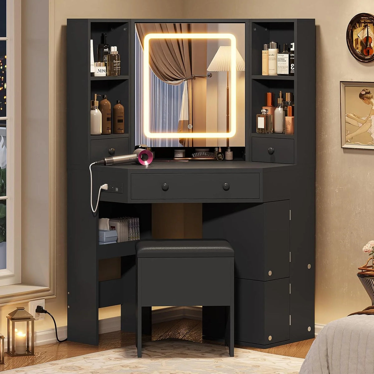 Black Makeup Desk with Lighted Mirror and Charging Station U266364