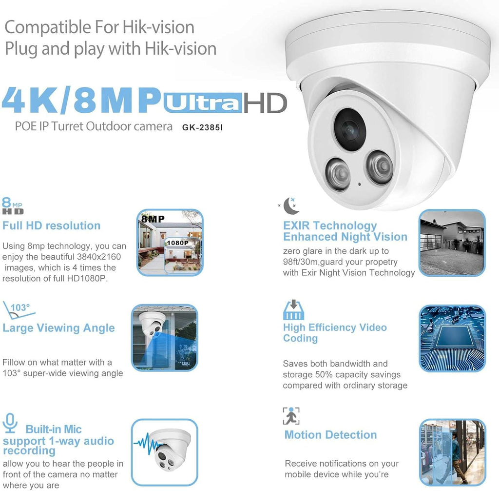 4K 8MP Outdoor PoE IP Turret Camera with Mic, 2.8mm Lens, IP67 F7370