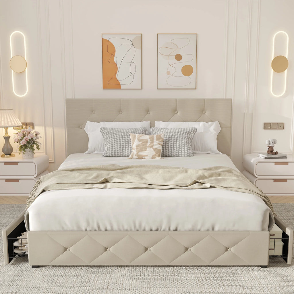Queen Size Upholstered Storage Bed Frame with 4 Drawers C390907