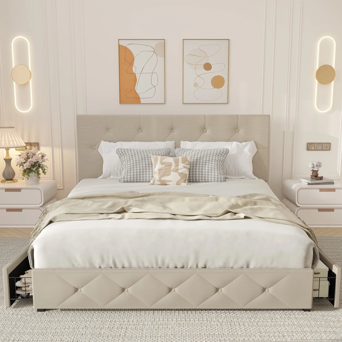 Queen Size Upholstered Storage Bed Frame with 4 Drawers C390907