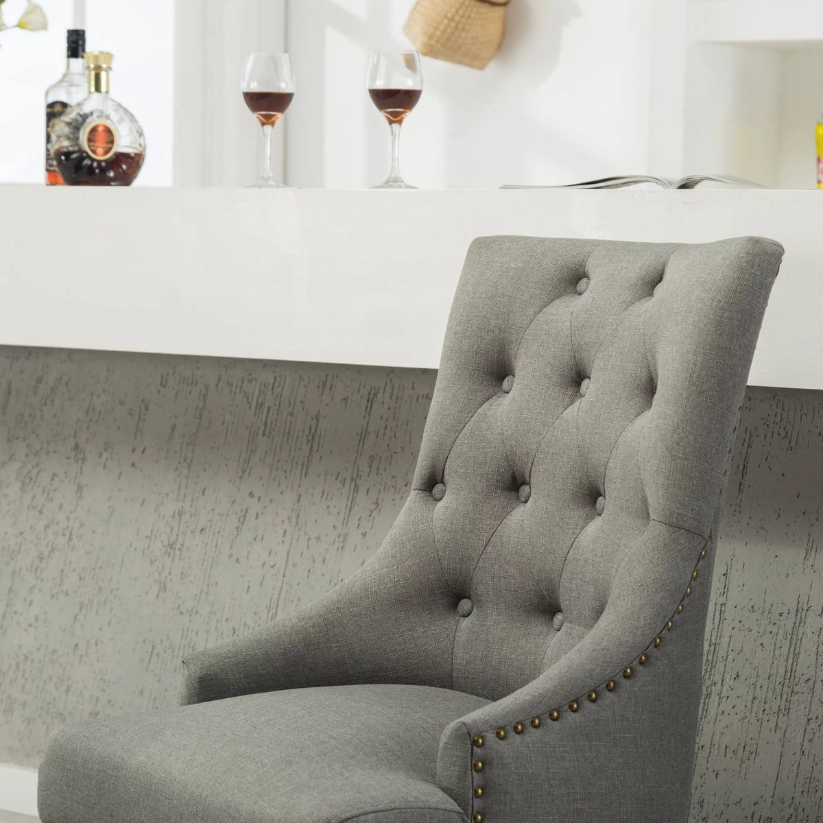 Tan Button Tufted Solid Wood Wingback Chairs Set of 2 E32048