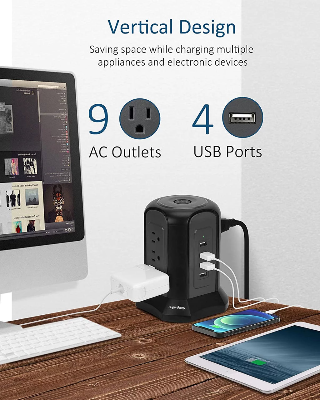 Black Surge Protector Power Strip Tower 9 Outlets 4 USB Port 10 ft Extension Cord T961936