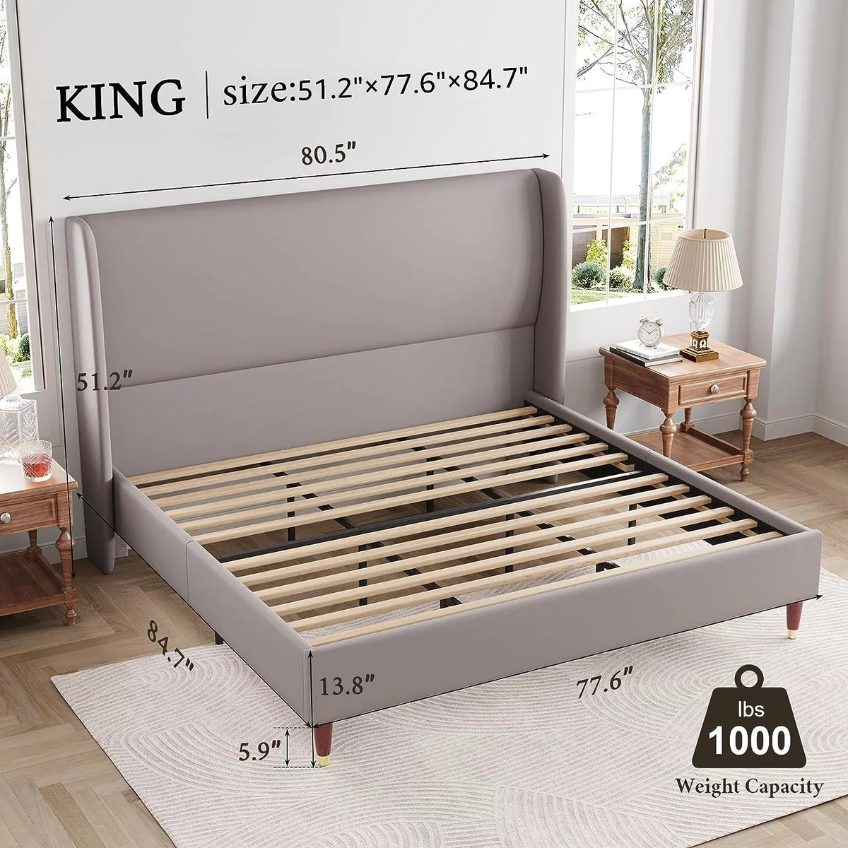 King Size White Linen Upholstered Platform Bed with Wingback Headboard Z402