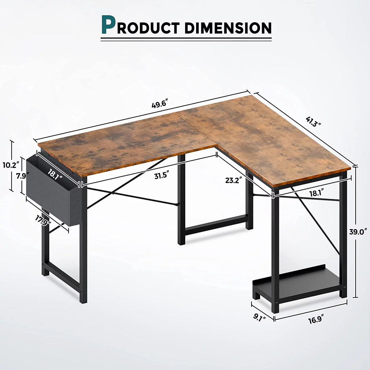 L Shaped 49 Inch Computer Desk with Storage Bag CPU Stand Rustic Brown B4109
