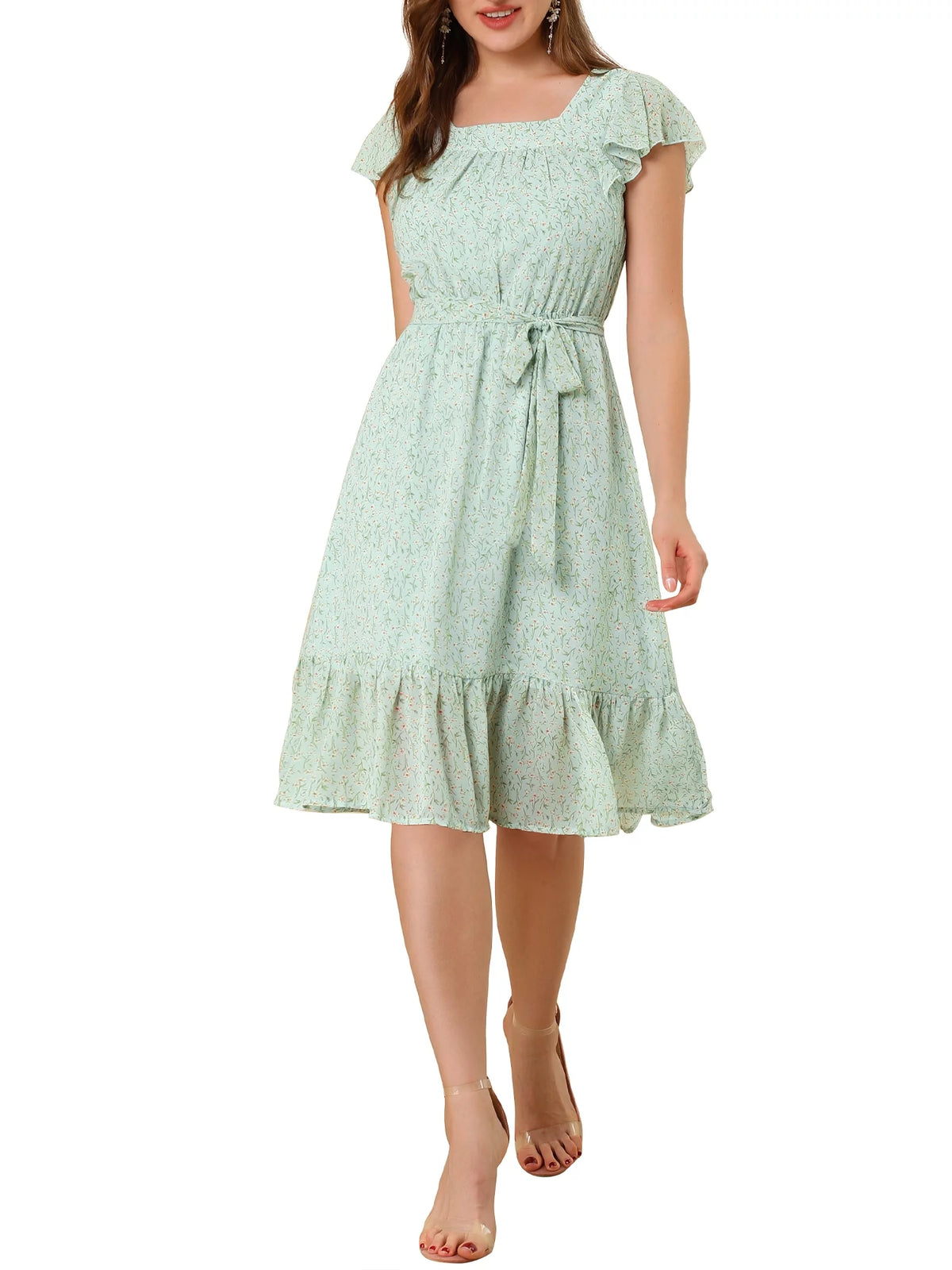 Floral Print Flutter Sleeves Square Neck Ruffled Hem Dress P622117
