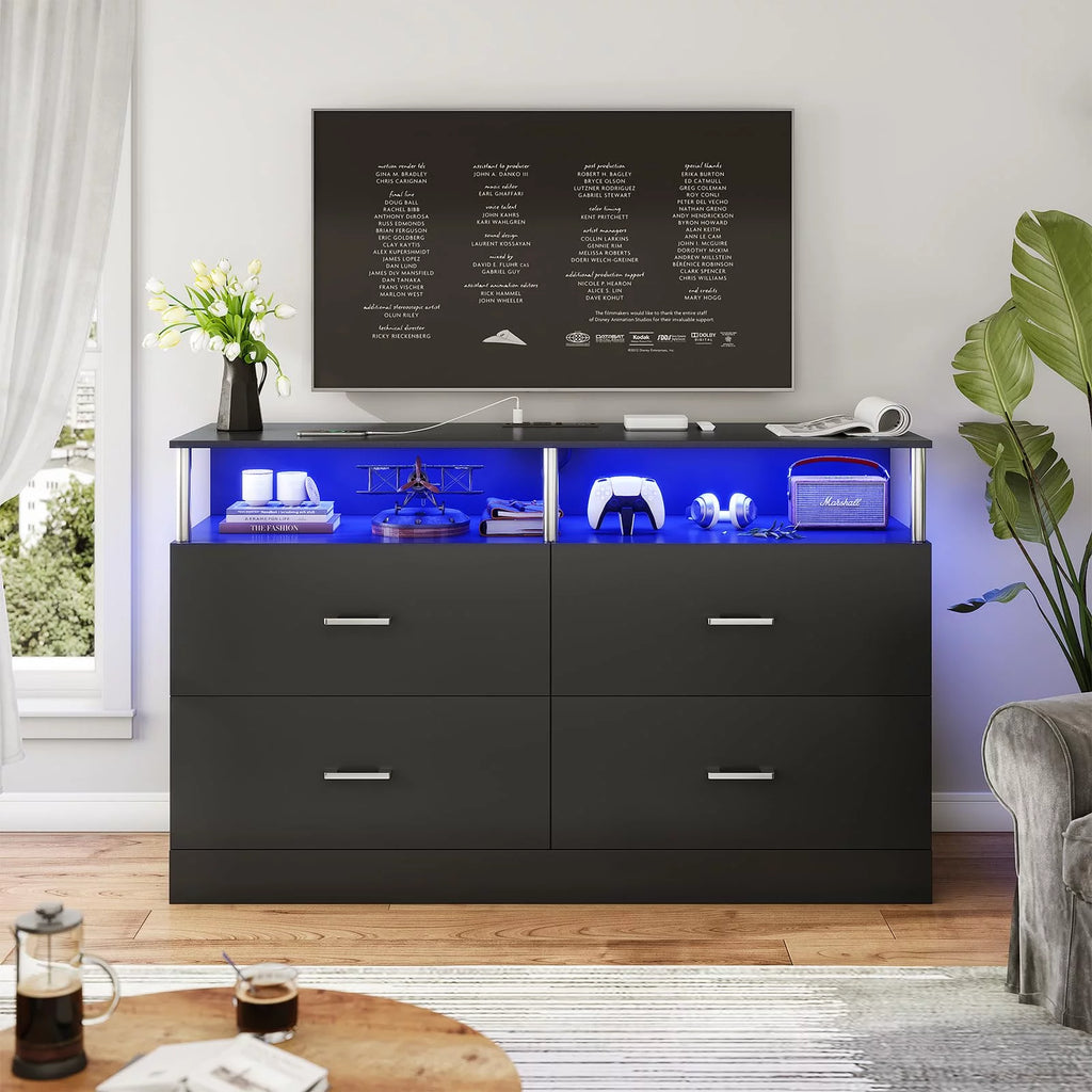 Black 6 Drawer Dresser with Charging Station and LED Light N846