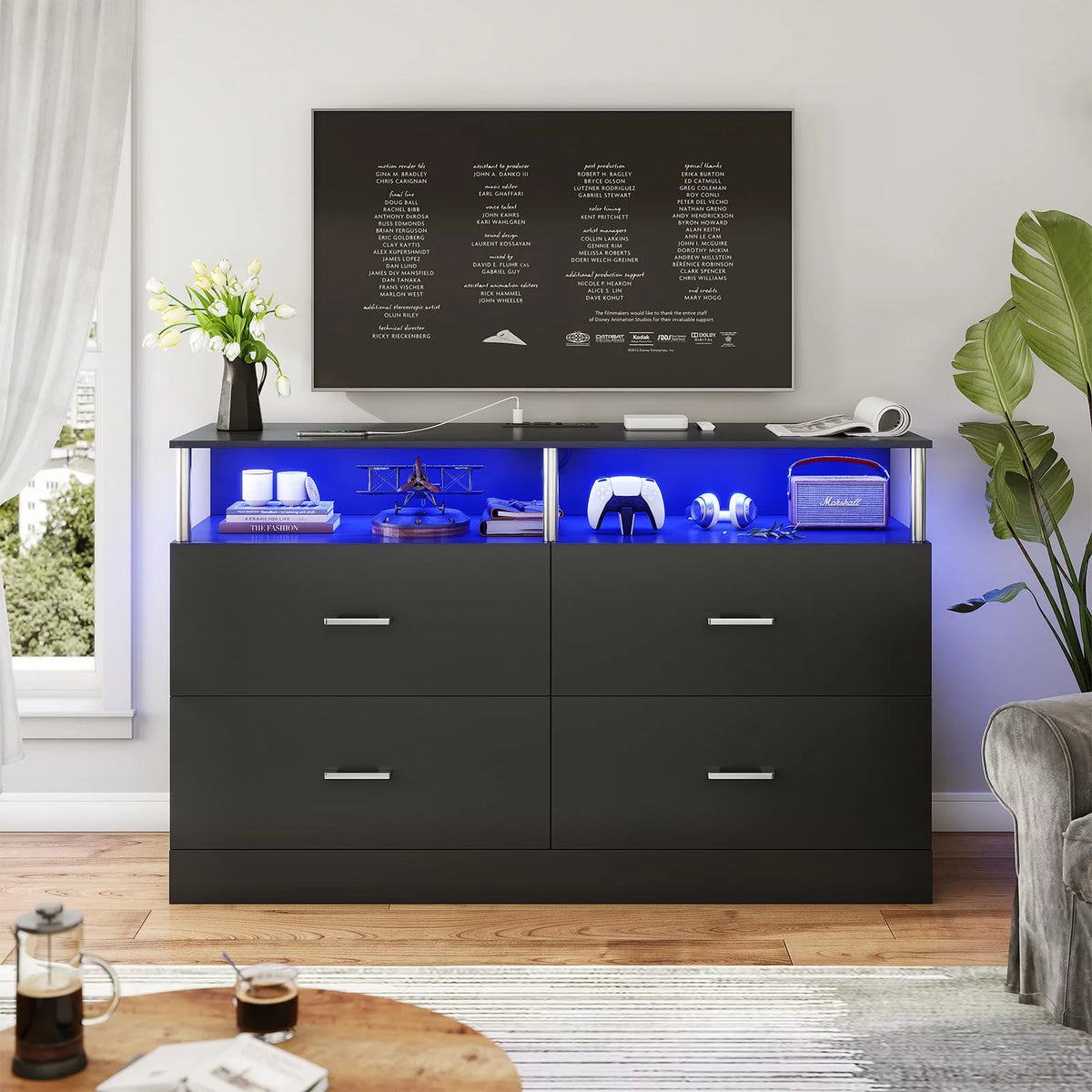 Black 6 Drawer Dresser with Charging Station and LED Light N846