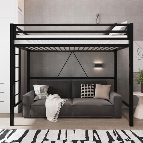 Black Twin Size Metal Loft Bed with Guardrail and Ladder V466722