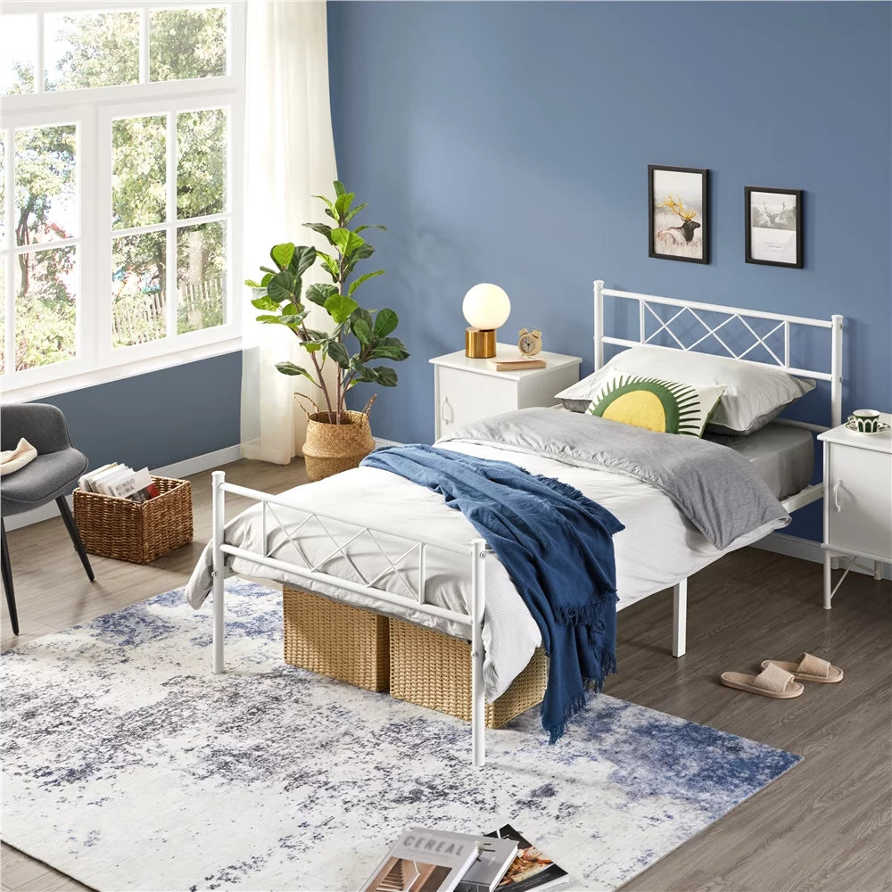 Twin Metal Bed Frame with Crisscross Headboard & Footboard, White Z6024