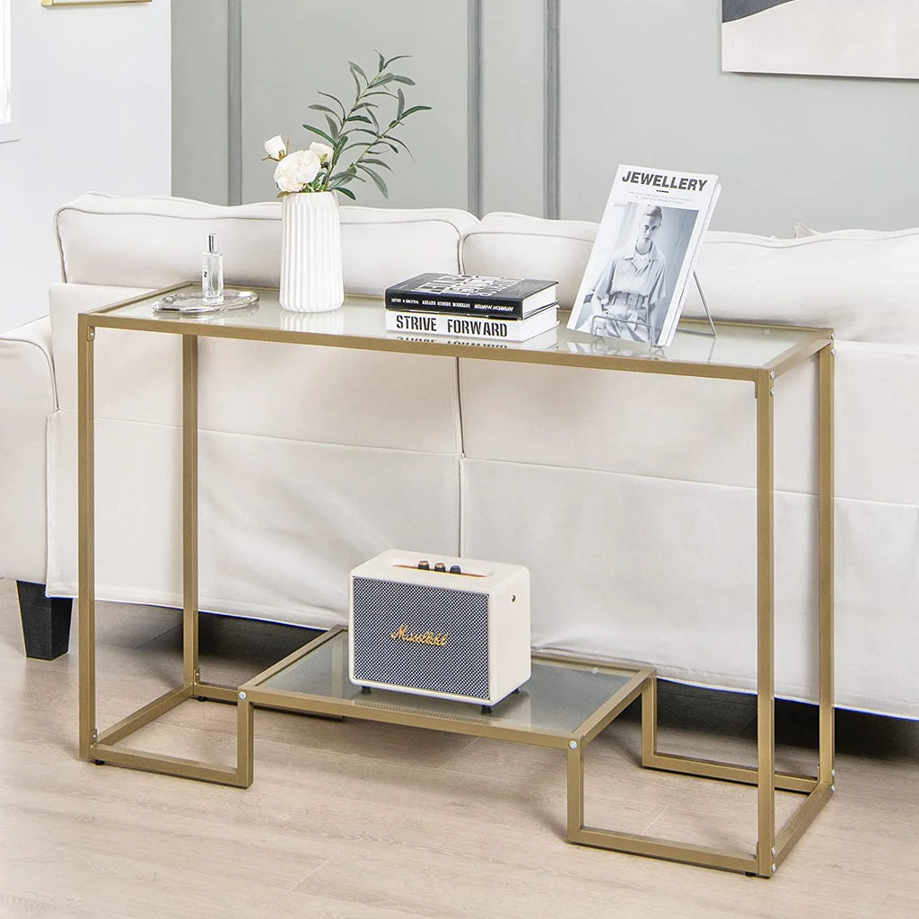 48” 2-Tier Console Table with Tempered Glass Tabletop & Golden Metal Frame X383