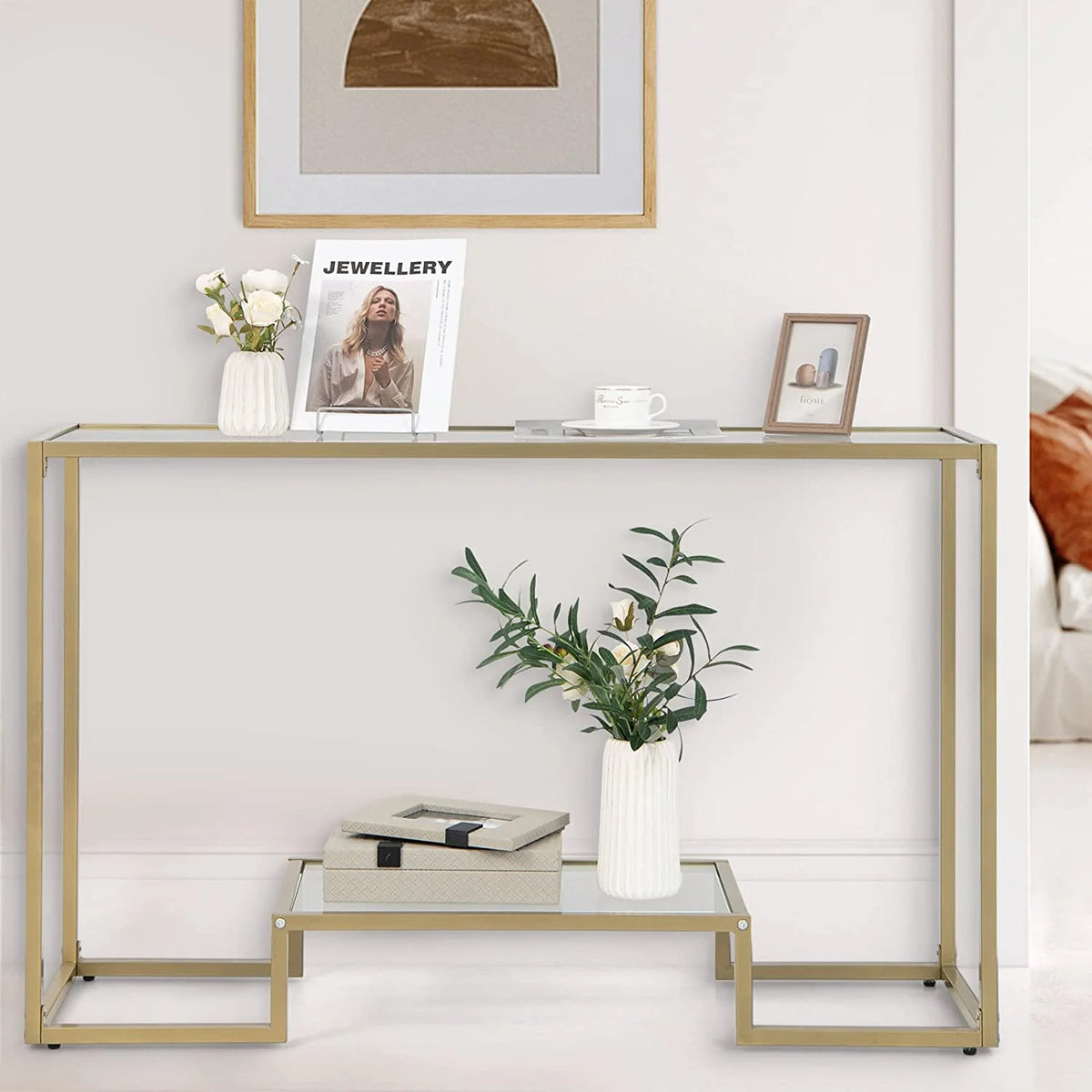 48” 2-Tier Console Table with Tempered Glass Tabletop & Golden Metal Frame X383