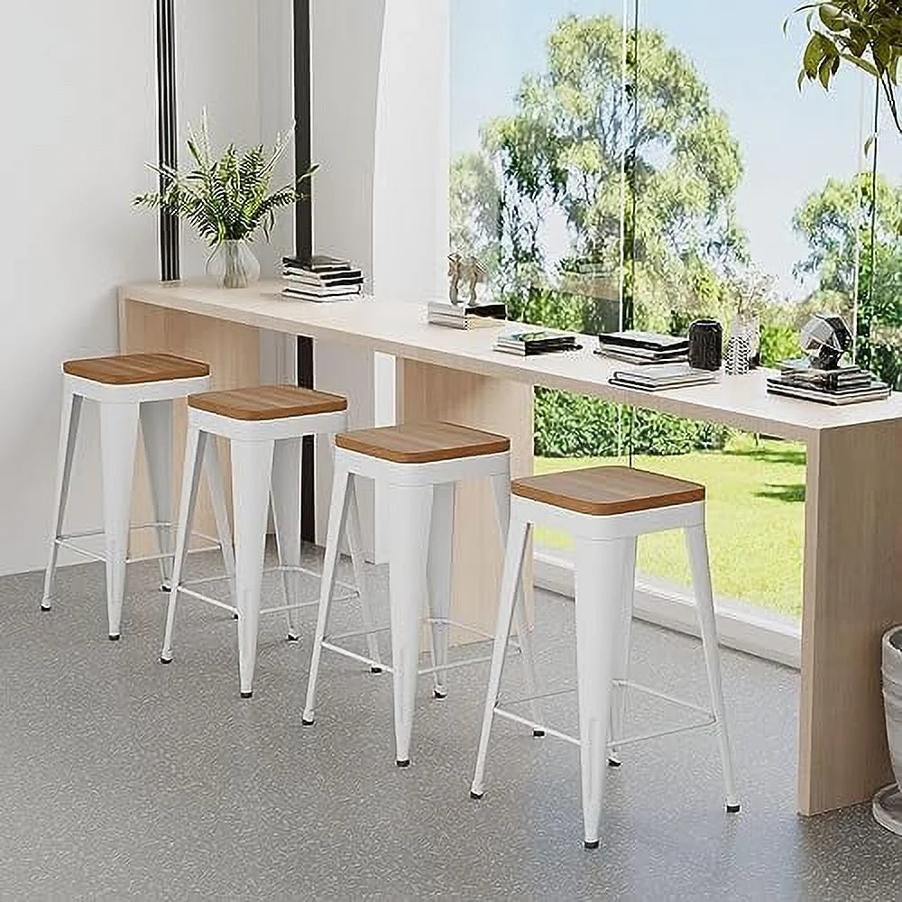 Set of 4 Metal Counter Height Stools with Back and Wooden Seat S402