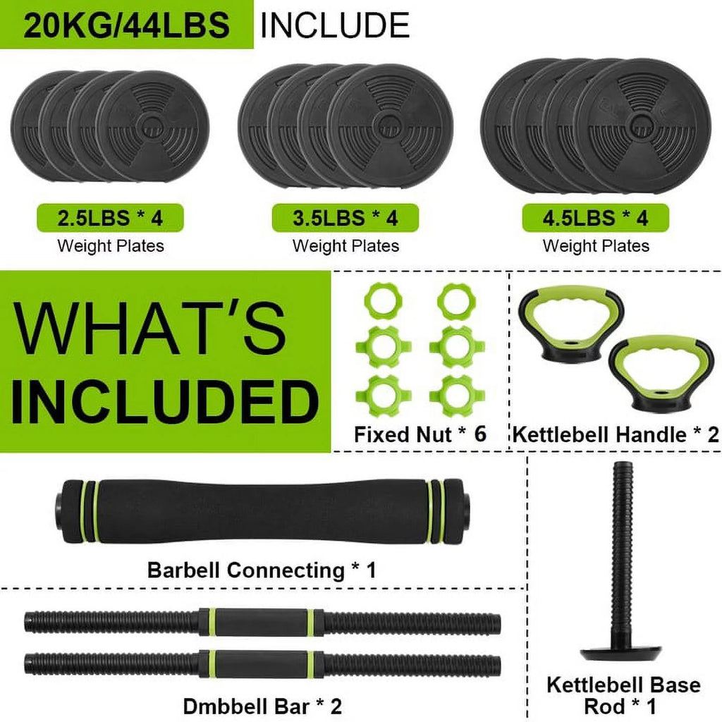 4-in-1 Dumbbells Set Barbell Kettlebells Push-Up-Stand 50 Pounds P407