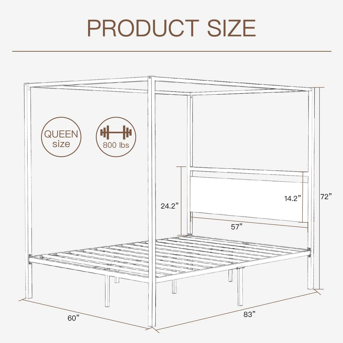 Queen Size Metal Canopy Bed Frame with Wooden Headboard L21135