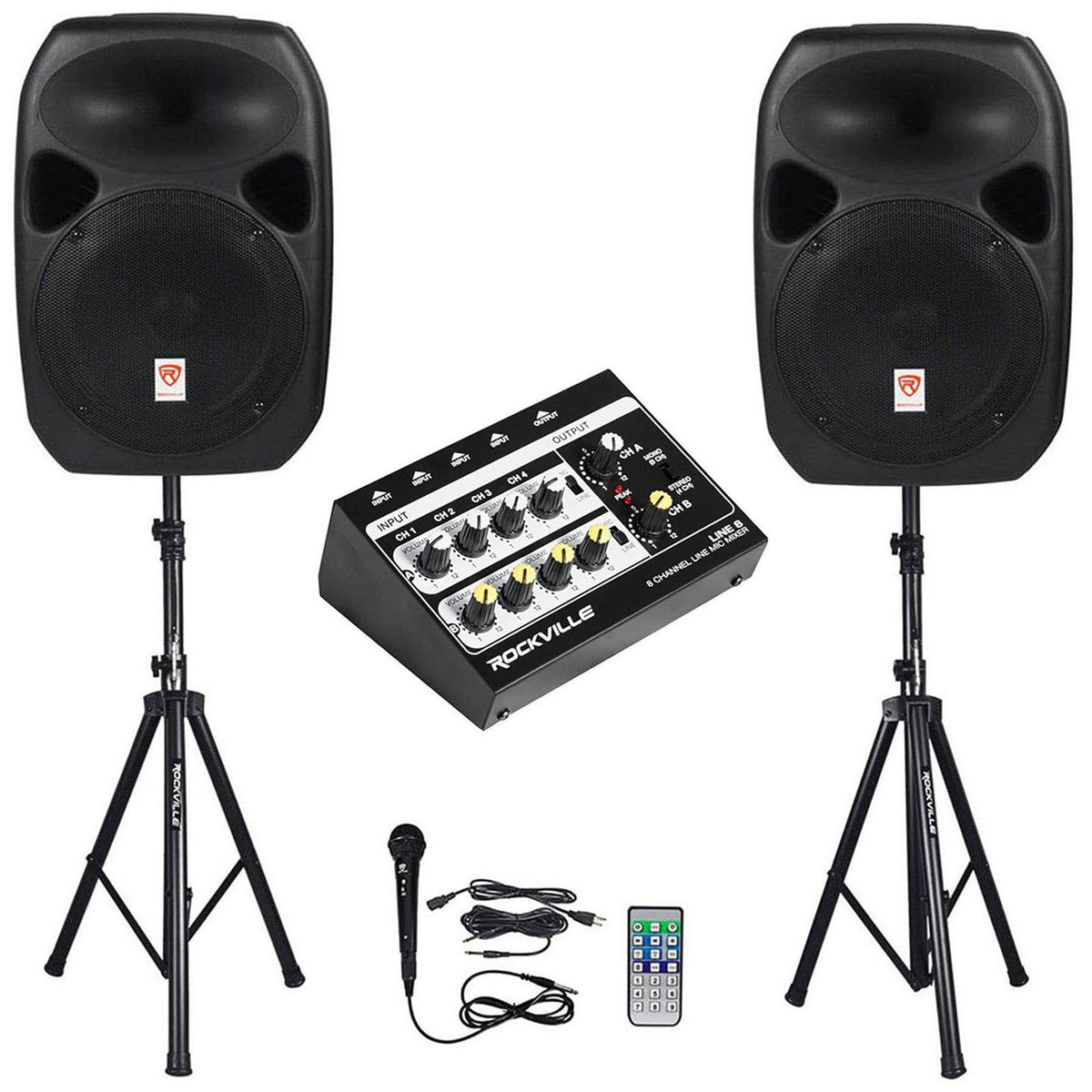 Dual 12 Powered Speakers with Bluetooth, Mic, Stands, Cables, Mixer D805856
