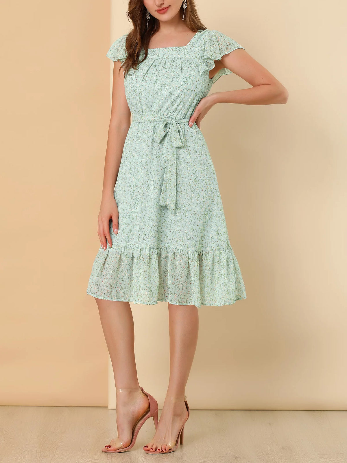 Floral Print Flutter Sleeves Square Neck Ruffled Hem Dress P622117