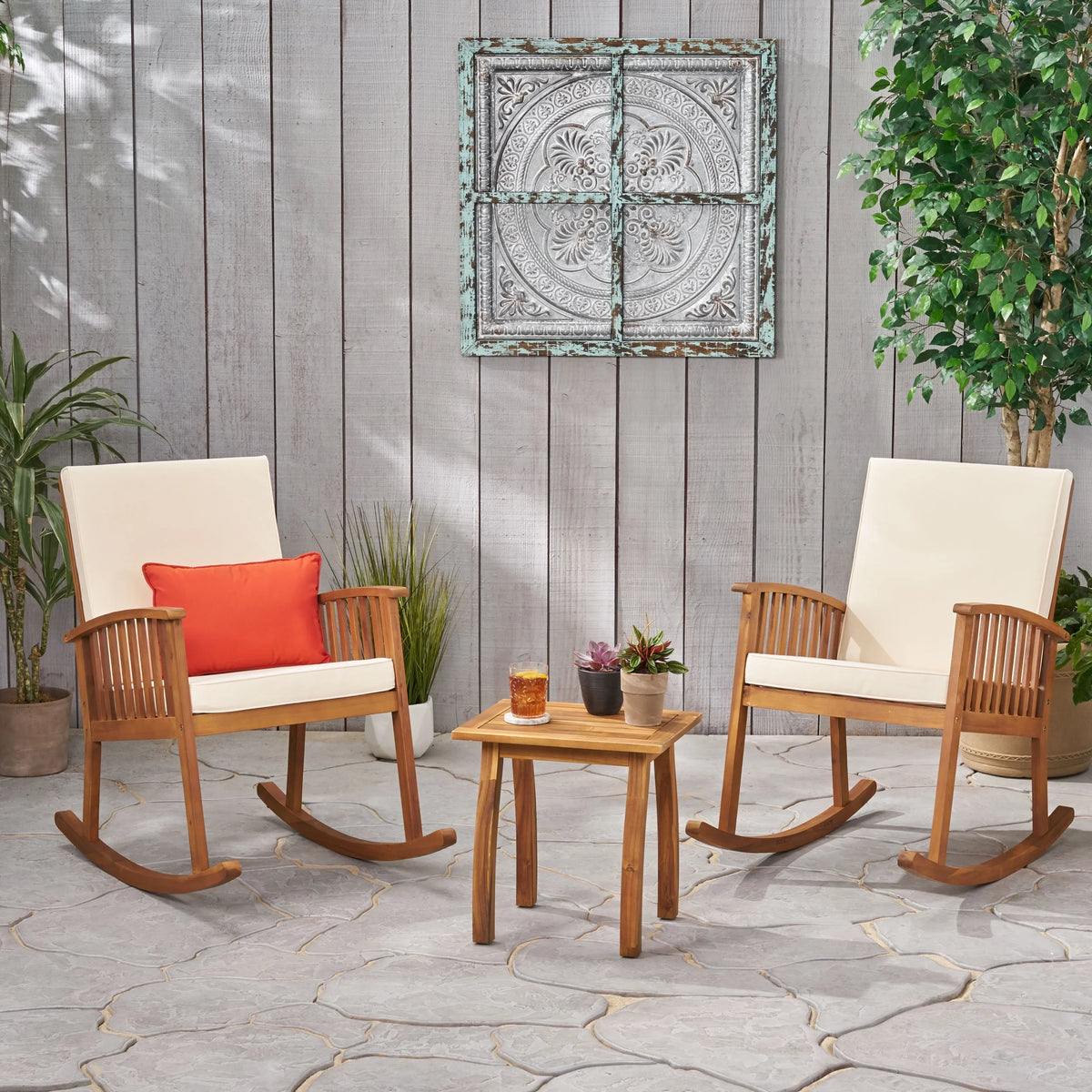 Brown and Cream Acacia Wood 2 Seater Rocking Chairs and Side Table Set T3702