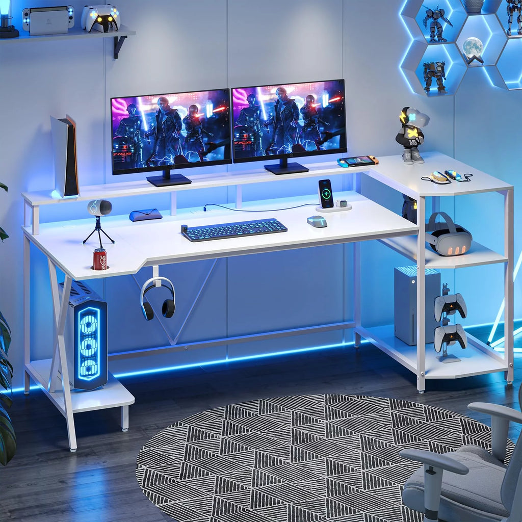 White Gaming Desk with LED Lights and Storage Shelves I49709