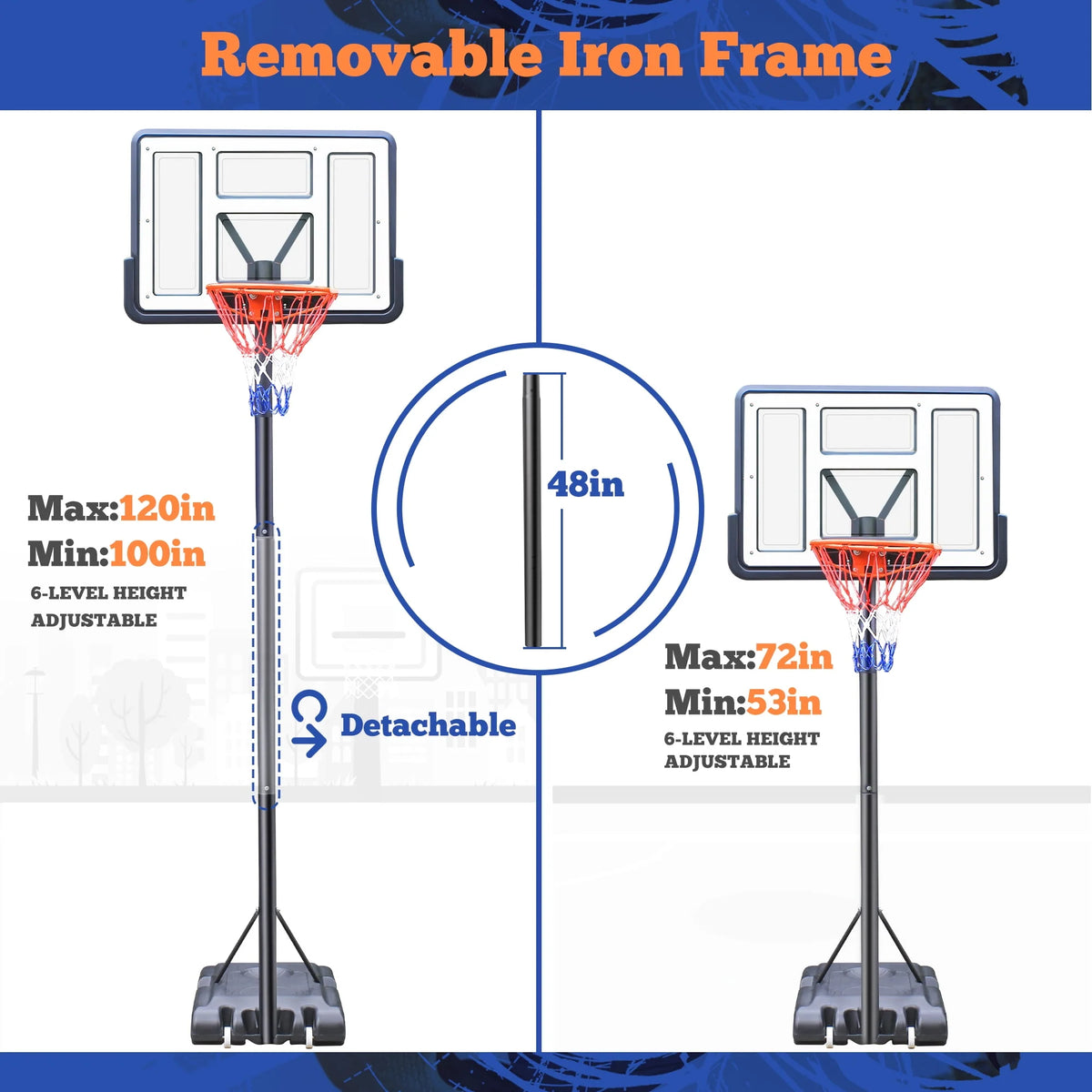 44 Basketball Hoop, 4.4-10ft Height Adjustable Portable Basketball Goal System with Shatterproof PVC Backboard and 18 Rim E835