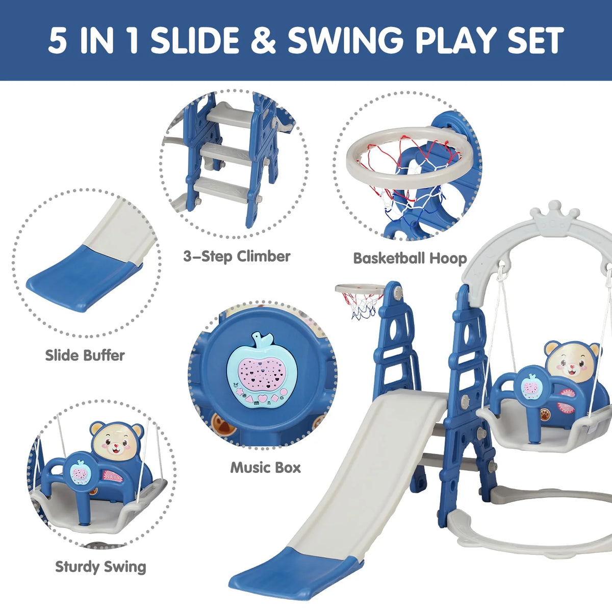 Blue Kids 5-in-1 Slides Climbing Swing Set R84304