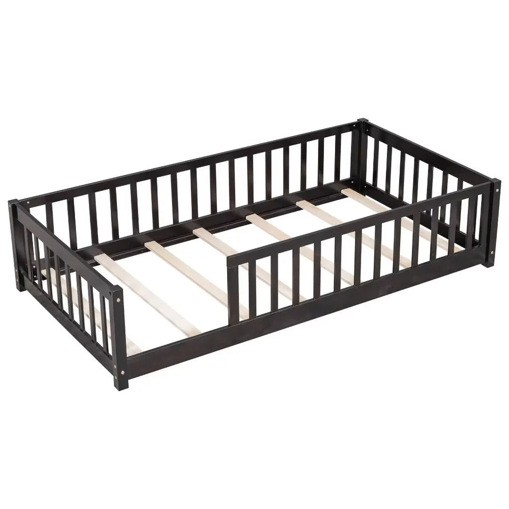 White Full Size Floor Bed with Fence Guardrails and Roof L95619