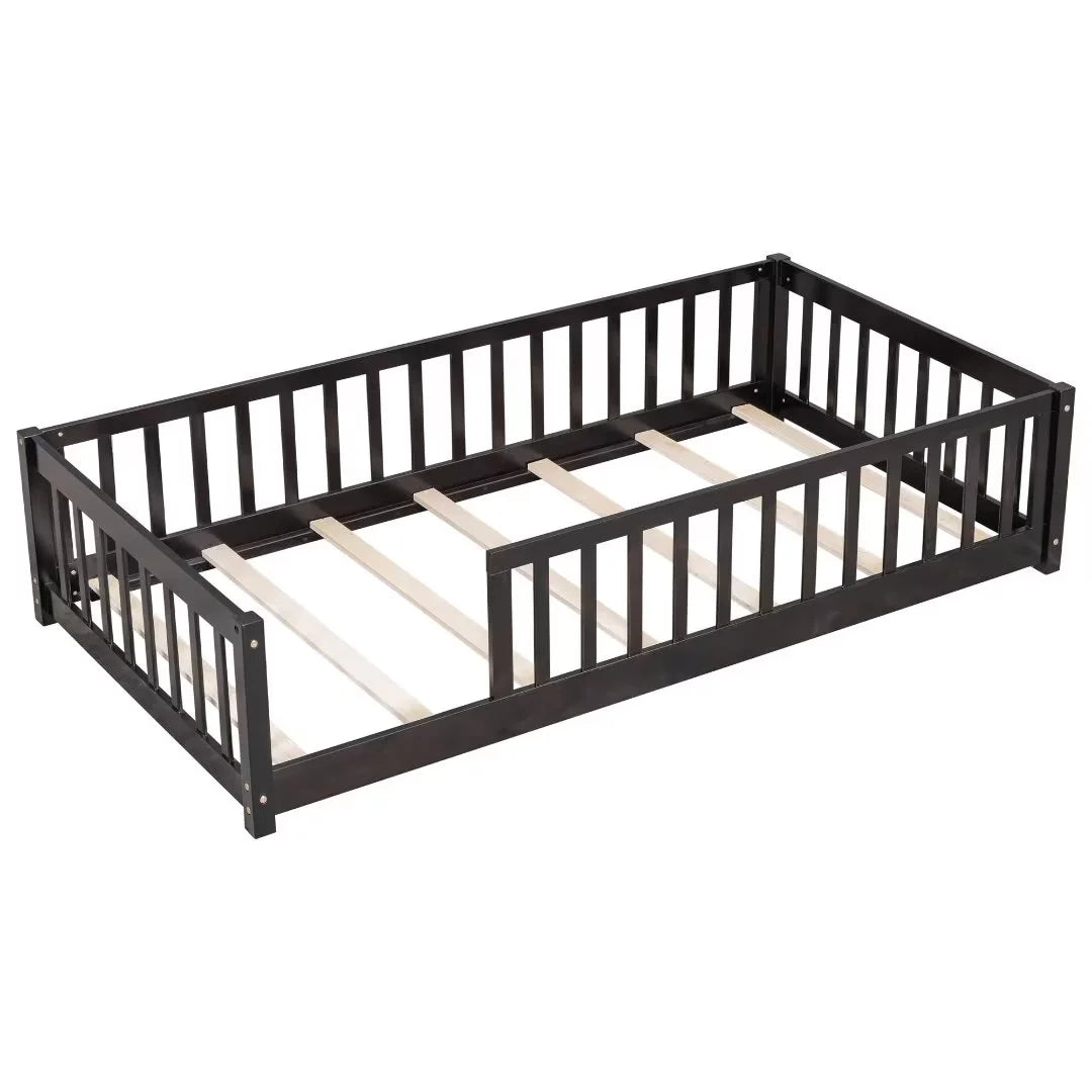 White Full Size Floor Bed with Fence Guardrails and Roof L95619