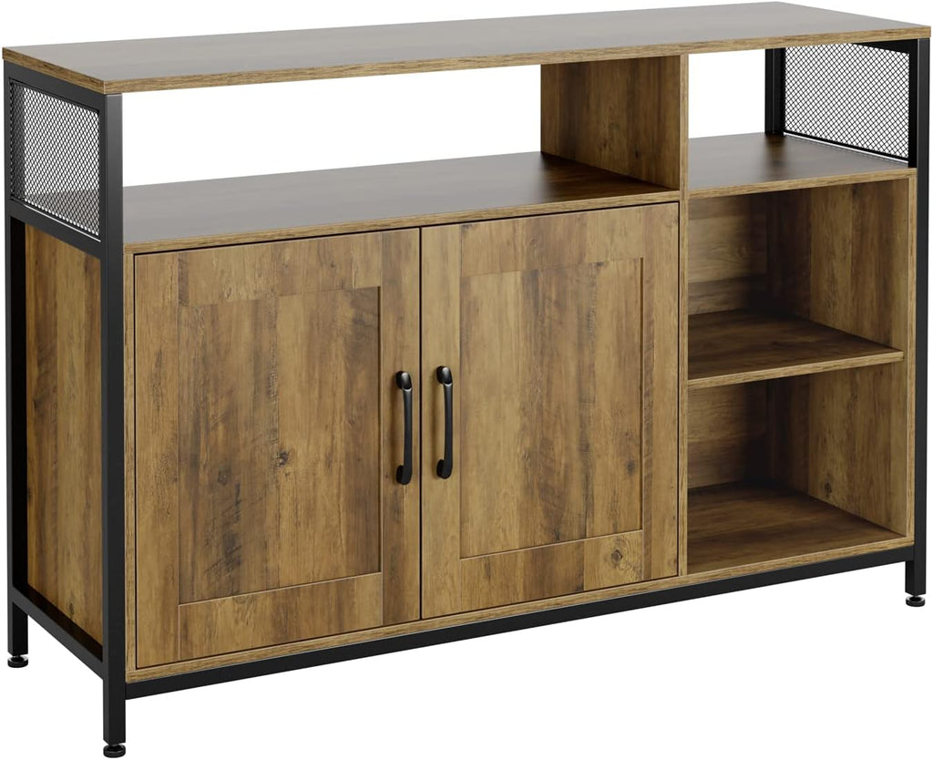Rustic Brown Wooden Buffet Cabinet with 2 Doors and Open Shelves E204