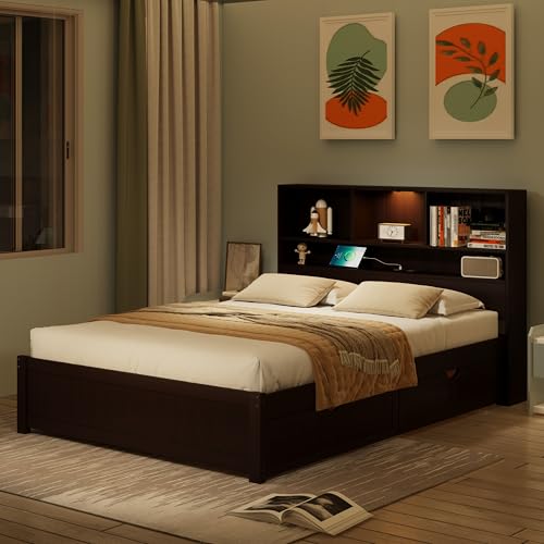 White Wood Twin Bed Frame with Bookcase Headboard and Storage Drawers Q14835