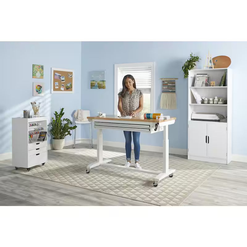 White Steel 2-Drawer Adjustable Height Workbench Table Y56754