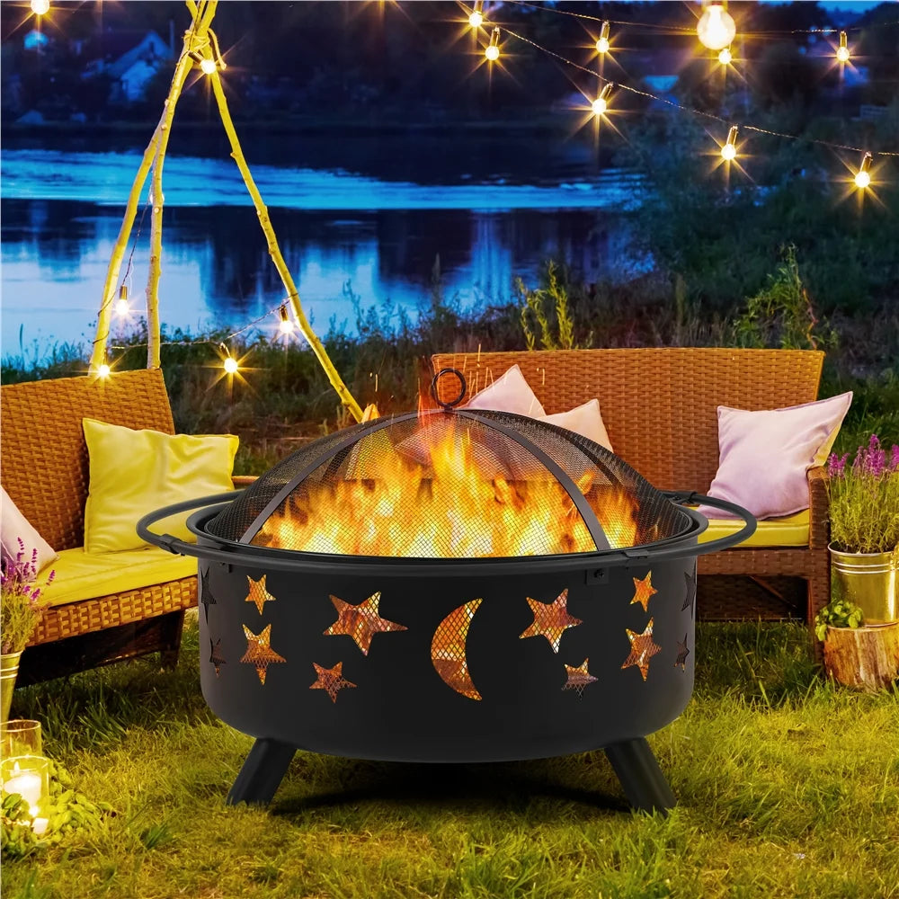 Black Iron Fire Pit with Poker Mesh Cover X9327