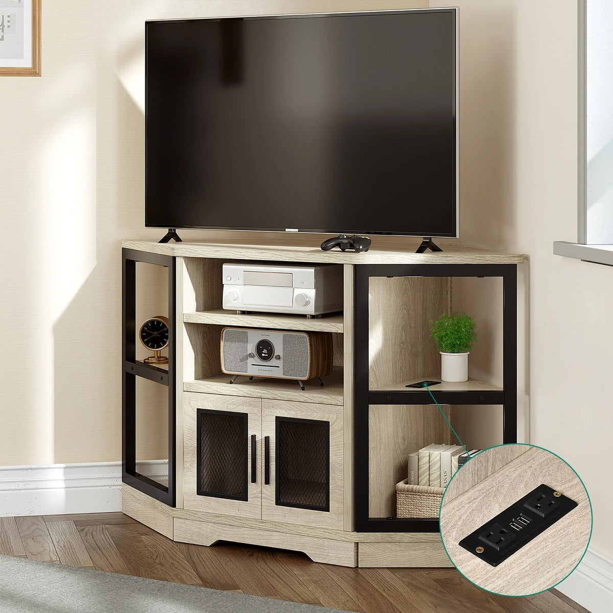 Farmhouse Corner TV Stand with Power Outlet Oak G8107