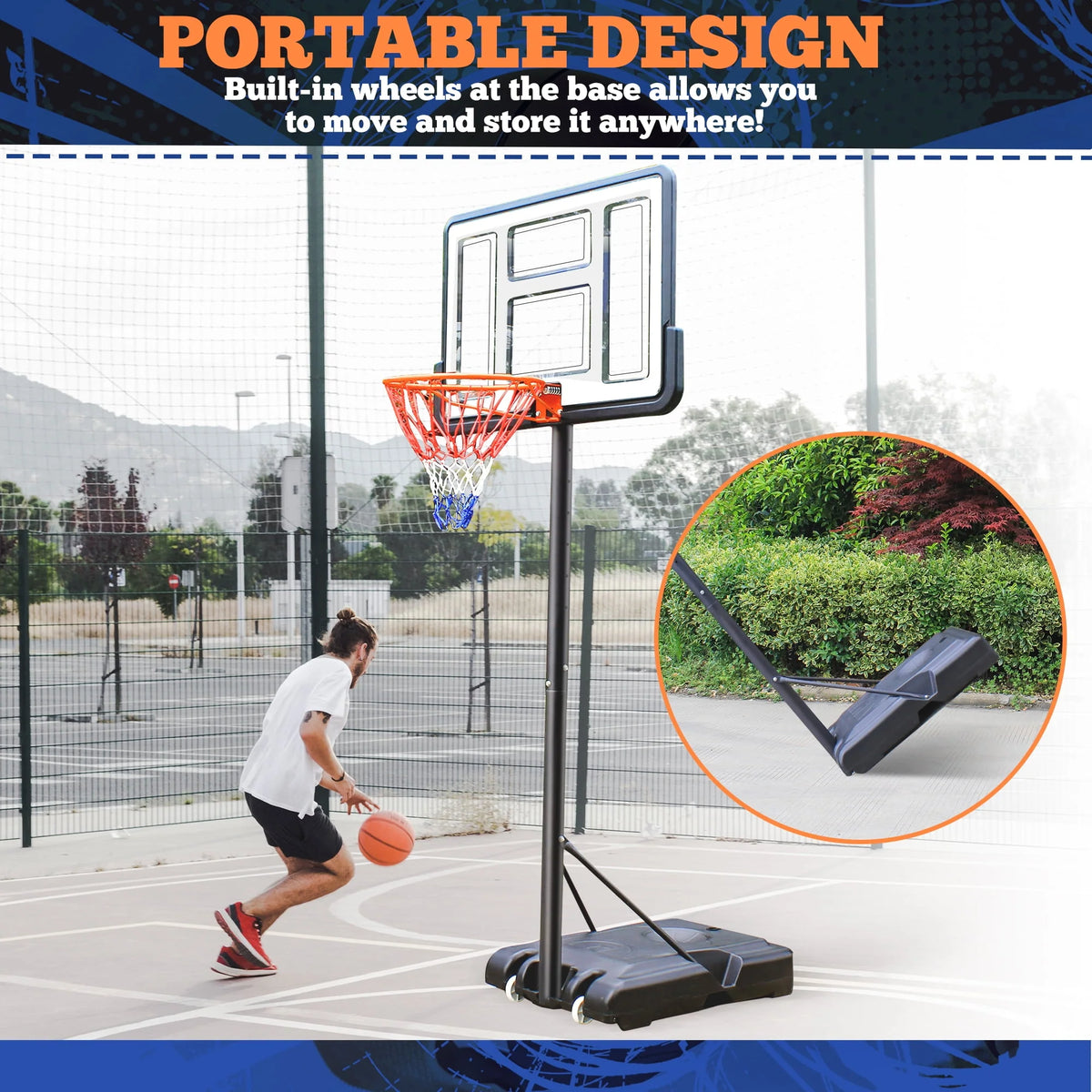44 Basketball Hoop, 4.4-10ft Height Adjustable Portable Basketball Goal System with Shatterproof PVC Backboard and 18 Rim E835