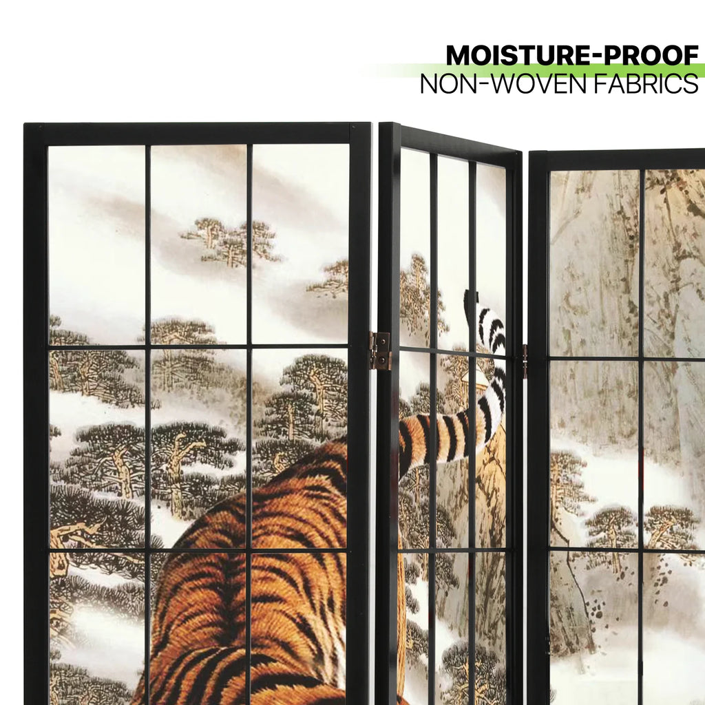 Black 4 Panel Tiger Pattern Wooden Room Divider O31737